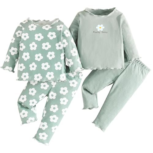 LUVCES Kleinkind Baby Mädchen Kleidung Set Gerippte Langarm T-Shirts Tops + Hosen 4 Stücke Outfits Herbst Winter Frühling Sets 4Pcs Blumendruck Grün 9-12 Monate von LUVCES