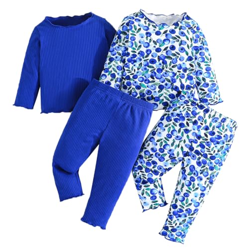 LUVCES Kleinkind Baby Mädchen Kleidung Set Gerippte Langarm T-Shirts Tops + Hosen 4 Stücke Outfits Herbst Winter Frühling Sets 4Pcs Blumendruck Kleinblau 9-12 Monate von LUVCES
