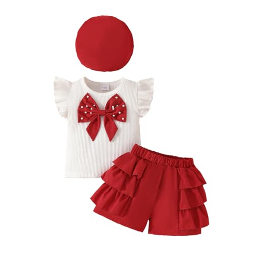 LUVCES Kleinkind Baby Mädchen Kleidungsset Rüschenärmeln Top mit Schleife + Rüschensaum Shorts + Baskenmütze 3Pcs Elegant Sommer Outfits Rot 6-12 Monate LUVCES Kleinkind Baby Mädchen Kleidungsset Rüschenärmeln Top mit Schleife + Rüschensaum Shorts + Baskenmütze 3Pcs Elegant Sommer Outfits Rot 6-12 Monate von LUVCES