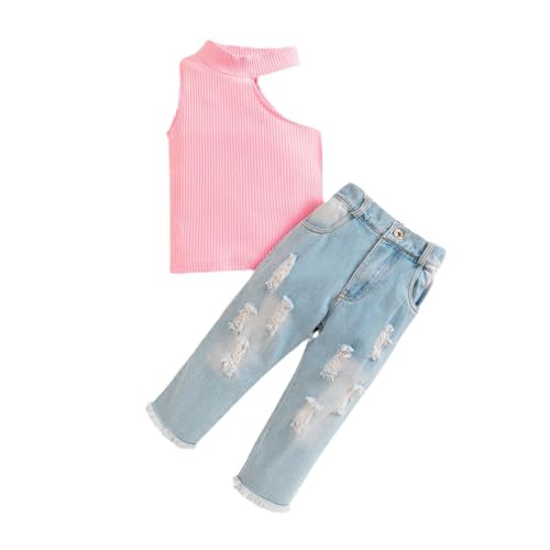 LUVCES Kleinkind Baby Mädchen Lässig Einfarbig Tank Top und Zerrissen Denim Jeans Hose Set Frühling Sommer Kleidung Outfits Rosa 3-4 Jahre von LUVCES
