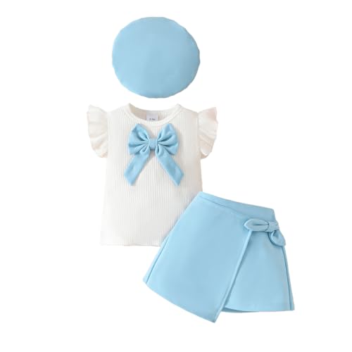 LUVCES Kleinkind Baby Mädchen Outfits Rüschenärmel Gestrickt Bowknot Shirt + Elegant Mini Rock+ Baskenmütze 3 Stück Sommer Herbst Kleidung Sets Ärmellos Blau 12-18 Monate LUVCES Kleinkind Baby Mädchen Outfits Rüschenärmel Gestrickt Bowknot Shirt + Elegant Mini Rock+ Baskenmütze 3 Stück Sommer Herbst Kleidung Sets Ärmellos Blau 12-18 Monate von LUVCES