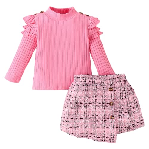 LUVCES Kleinkind Baby Mädchen Outfits Ruffle Geripptes Langarm T-Shirt Top + Elegantes Kariertes Rock 2 Stück Herbst Winter Kleidung Set Rosa 12-18 Monate von LUVCES