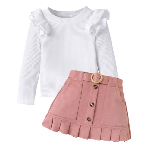 LUVCES Kleinkind Baby Mädchen Outfits Ruffle Geripptes Rollkragen Langarm Top + Elegantes Kariertes Rock 2 Stück Herbst Winter Kleidung Sets with Belt Weiß+Rosa 12-18 Monate von LUVCES