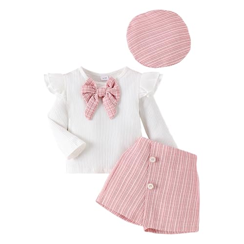 LUVCES Kleinkind Baby Mädchen Outfits Ruffle Langarm Gestrickt Bowknot Shirt + Elegant Mini Rock+ Baskenmütze 3 Stück Herbst Winter Kleidung Sets Rosa 6-9 Monate von LUVCES