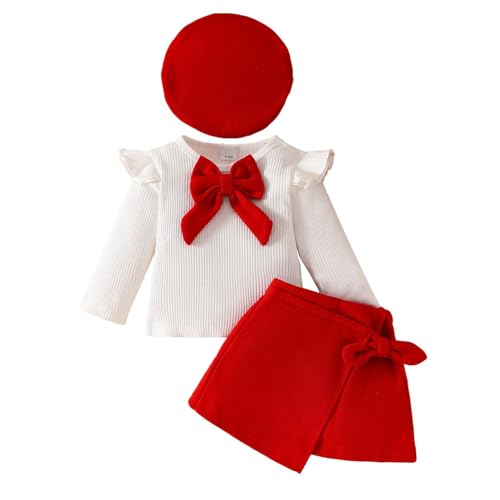 LUVCES Kleinkind Baby Mädchen Outfits Ruffle Langarm Gestrickt Bowknot Shirt + Elegant Mini Rock+ Baskenmütze 3 Stück Herbst Winter Kleidung Sets Rot 6-9 Monate von LUVCES