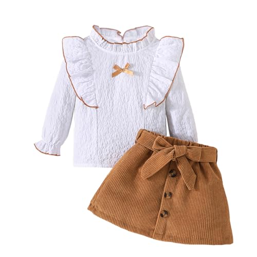 LUVCES Kleinkind Baby Mädchen Outfits Ruffle Rollkragen Langarm Shirt + Bowknot Mini Rock 2 Stück Herbst Winter Kleidung Sets A:Khaki+Weiß 3-4 Jahre von LUVCES