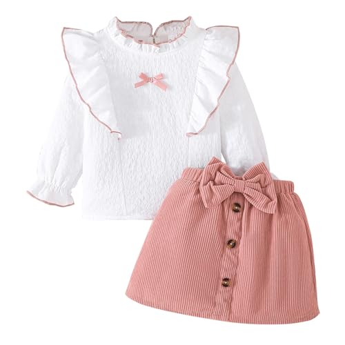 LUVCES Kleinkind Baby Mädchen Outfits Ruffle Rollkragen Langarm Shirt + Bowknot Mini Rock 2 Stück Herbst Winter Kleidung Sets Rosa+Weiß 4-5 Jahre von LUVCES