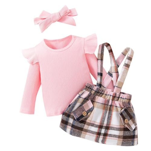 LUVCES Kleinkind Baby Mädchen Röcke Sets Langarm Rüschen Gerippt Top + Bowknot/Plaid Strapsrock Overall Hosenträger Kleid Herbst Winter Kleidung Set 3Pcs Rosa 12-18 Monate von LUVCES
