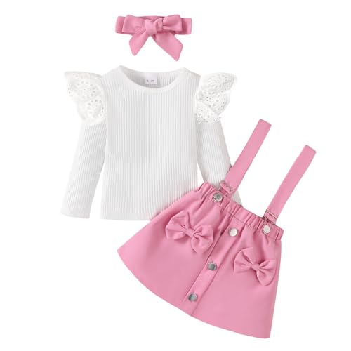 LUVCES Kleinkind Baby Mädchen Röcke Sets Langarm Rüschen Gerippt Top + Bowknot/Plaid Strapsrock Overall Hosenträger Kleid Herbst Winter Kleidung Set 3Pcs Rosa 2-3 Jahre von LUVCES