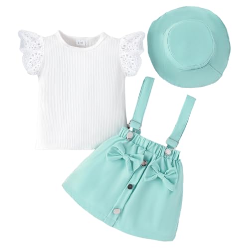 LUVCES Kleinkind Baby Mädchen Rüschen Hosenschlitz Kurzarm Geripptes Oberteil + Schleife Strapsrock Overall Kleid + Mütze Kleidungsset Outfits 3Pcs Grün 3-4 Jahre von LUVCES