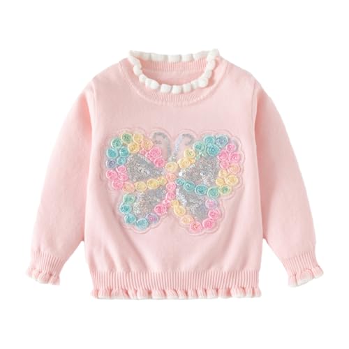 LUVCES Kleinkind Baby Mädchen Strickpullover Langarm Blumenstickerei Gestrickt Pullover Sweatshirt Warme Herbst Winter Stricken Outwear Rosa Pailletten 4-5 Jahre von LUVCES