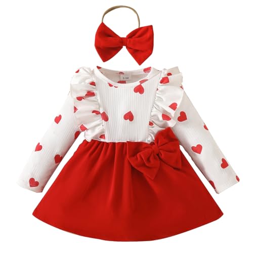 LUVCES Kleinkind Baby Mädchen Valentinstag Kleid Outfit Rüschen Langarm Bowknot Tutu Kleid mit Liebesdruck und Stirnband Kleidungsset Herzdruck Rot 2-3 Jahre von LUVCES