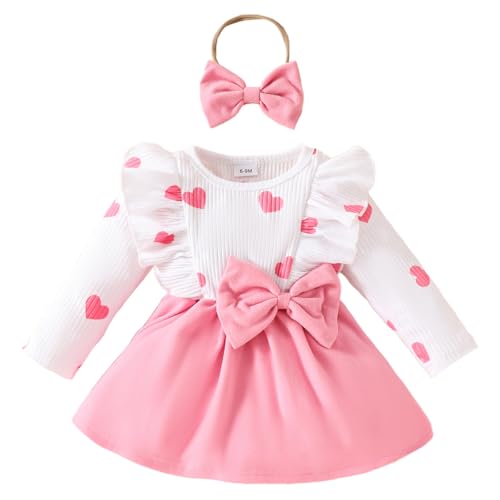 LUVCES Kleinkind Baby Mädchen Valentinstag Kleid Outfit Rüschen Langarm Bowknot Tutu Kleid mit Liebesdruck und Stirnband Kleidungsset Herzdruck rosa 18-24 Monate von LUVCES