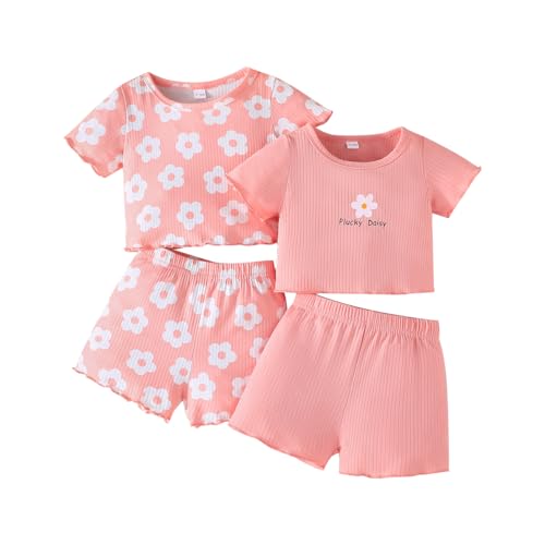 LUVCES Kleinkind Baby Mädchen kleidung Set Rüschen Gerippte Kurzarm/Langarm T-Shirt Tops + Shorts Hosen 4Pcs Sommer Herbst Süßes Outfits Set Kurzarm 4Pcs rosa 9-12 Monate von LUVCES