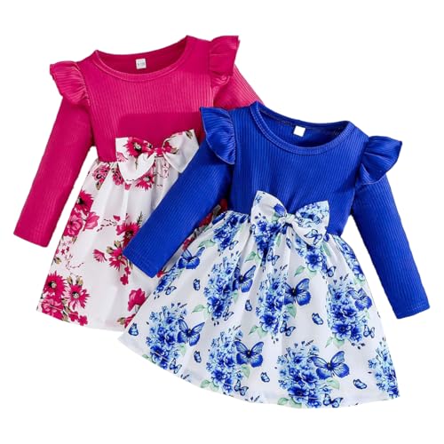 LUVCES Kleinkind Mädchen Kleid Set Süße Rüschenärmel Einfarbig/Geblümt Bedruckt Kleider mit Schleife Lässige 2er Pack Langarm Baby Kleid Rosenrot und Blau 12-18 Monate LUVCES Kleinkind Mädchen Kleid Set Süße Rüschenärmel Einfarbig/Geblümt Bedruckt Kleider mit Schleife Lässige 2er Pack Langarm Baby Kleid Rosenrot und Blau 12-18 Monate von LUVCES