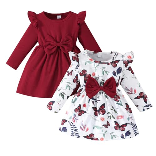 LUVCES Kleinkind Mädchen Kleid Set Süße Rüschenärmel Einfarbig/Geblümt Bedruckt Kleider mit Schleife Lässige 2er Pack Langarm Baby Kleid Rotwein 6-9 Monate von LUVCES