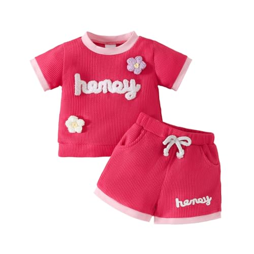 LUVCES Kleinkinder Baby Madchen Outfits Sommer Kleidung Geblümte mit Buchstabendruck T-Shirt und Shorts-Set Süßes Waffel Outfit Rosenrot 9-12 Monate von LUVCES