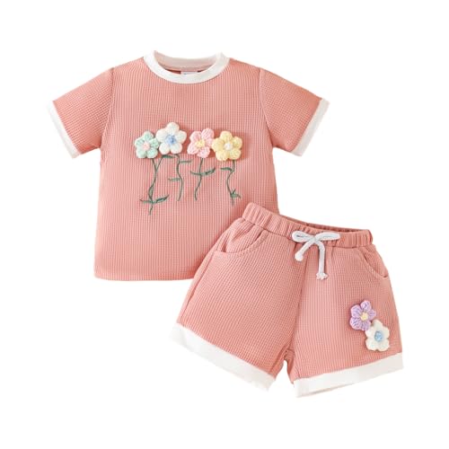 LUVCES Kleinkinder Baby Mädchen Sommer Kleidung 3D Blumen Kurzarm T-Shirt Oberteil und Shorts 2-teiliges Set Süße Waffel Outfits Rosa 18-24 Monate von LUVCES