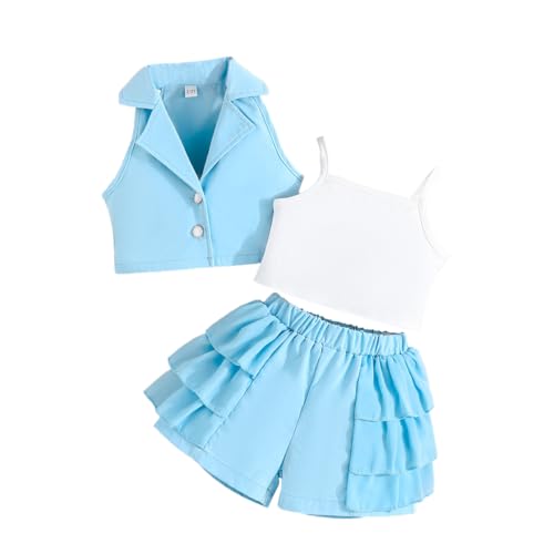 LUVCES Kleinkinder Baby Mädchen Sommer Kleidung ärmelloser Blazer + Weiße Hosenträger + Elastischem Bund Rüschensaum Shorts 3Pcs Mode Outfit Set Blau 5-6 Jahre von LUVCES