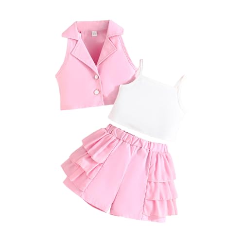 LUVCES Kleinkinder Baby Mädchen Sommer Kleidung ärmelloser Blazer + Weiße Hosenträger + Elastischem Bund Rüschensaum Shorts 3Pcs Mode Outfit Set Rosa 3-4 Jahre LUVCES Kleinkinder Baby Mädchen Sommer Kleidung ärmelloser Blazer + Weiße Hosenträger + Elastischem Bund Rüschensaum Shorts 3Pcs Mode Outfit Set Rosa 3-4 Jahre von LUVCES