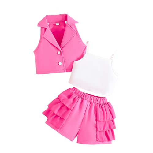 LUVCES Kleinkinder Baby Mädchen Sommer Kleidung ärmelloser Blazer + Weiße Hosenträger + Elastischem Bund Rüschensaum Shorts 3Pcs Mode Outfit Set Rosenrot 4-5 Jahre von LUVCES