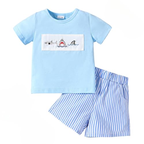 LUVCES Kleinkinder Jungen Kleidungsset Dinosaurier Print Kurzärmliges T-Shirt +Gestreifte Shorts 2Pcss Set Cute Sommer Outfits Blauer Sandstrand 18-24 Monate von LUVCES