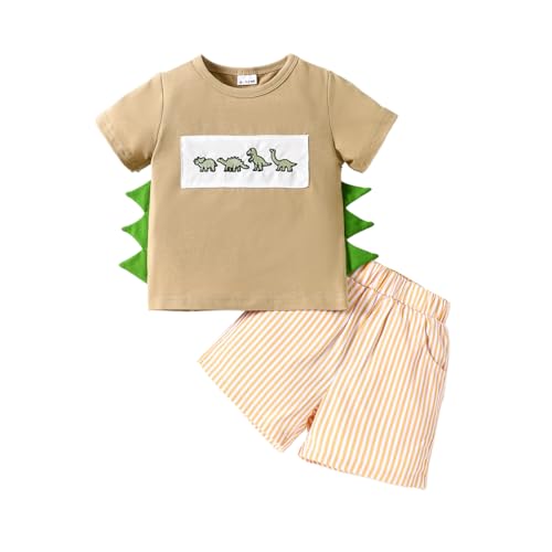 LUVCES Kleinkinder Jungen Kleidungsset Dinosaurier Print Kurzärmliges T-Shirt +Gestreifte Shorts 2Pcss Set Cute Sommer Outfits Khaki Dinosaurier 18-24 Monate von LUVCES