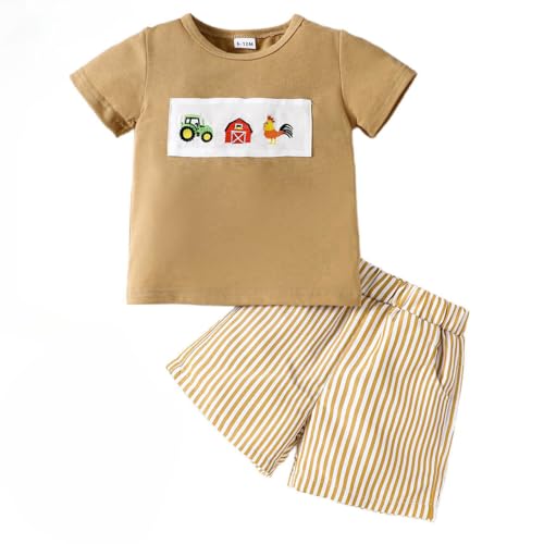 LUVCES Kleinkinder Jungen Kleidungsset Dinosaurier Print Kurzärmliges T-Shirt +Gestreifte Shorts 2Pcss Set Cute Sommer Outfits Khaki Farm 3-4 Jahre von LUVCES