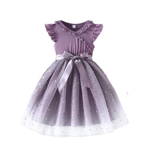 LUVCES Kleinkinder Mädchen Tutu Kleid Rüschen Armellos Tüllkleider mit Schleife Süßes Sommer Party Prinzessinnen Sommerkleid Lila 4-5 Jahre von LUVCES