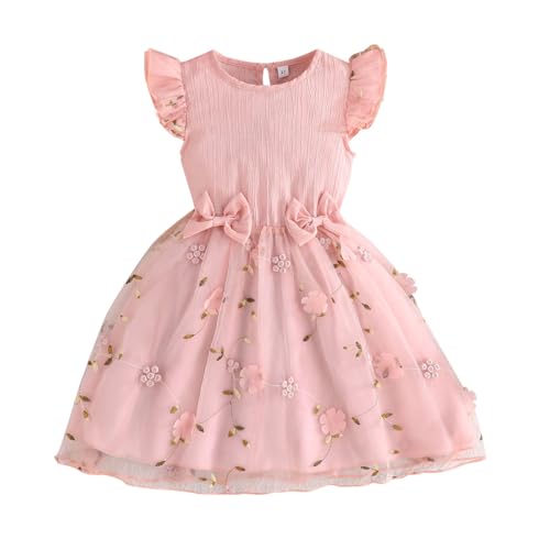 LUVCES Kleinkinder Mädchen Tutu Kleid Rüschen Armellos Tüllkleider mit Schleife Süßes Sommer Party Prinzessinnen Sommerkleid Rosa Blüten 3-4 Jahre von LUVCES