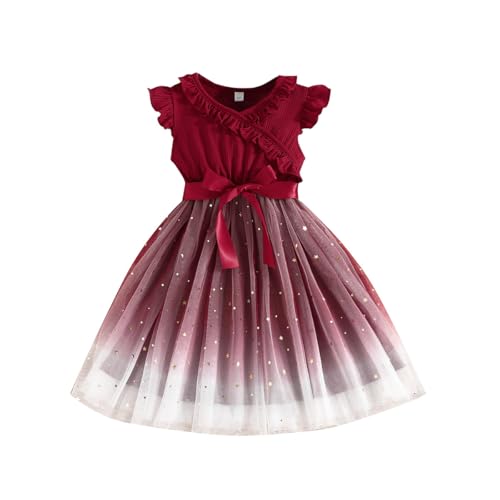 LUVCES Kleinkinder Mädchen Tutu Kleid Rüschen Armellos Tüllkleider mit Schleife Süßes Sommer Party Prinzessinnen Sommerkleid Weinrot 4-5 Jahre von LUVCES