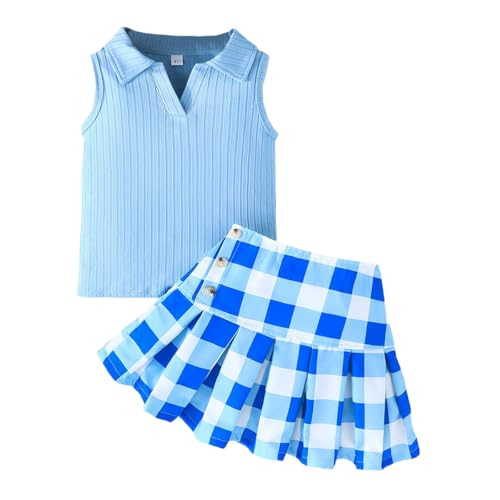 LUVCES Mädchen 2Pcs Set Modischen Eleganten Gerippten Trägertops und Mini Faltenrock Set mit Karomuster Sommerkleidungs Outfit Blau 3-4 Jahre von LUVCES