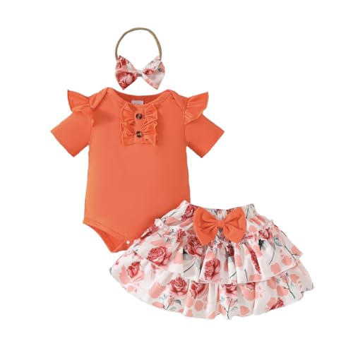 LUVCES Neugeborene Baby Kleidung Mädchen Geblümter Rüschen Strampler Top Süße Schleife Mini Tutu Rock mit Stirnband Sommer Outfit Set Kurzarm Orangerote Blüten 12-18 Monate von LUVCES