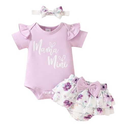 LUVCES Neugeborene Baby Mädchen Sommer Outfit Cute Buchstabendruck Kurzarm Bodysuit Oberteile + Bedruckte Shorts + Stirnband Kleidungsset Lila Mamas Mini 3-6 Monate von LUVCES