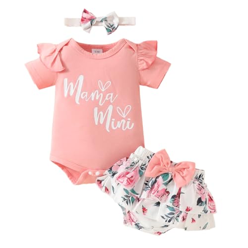 LUVCES Neugeborene Baby Mädchen Sommer Outfit Cute Buchstabendruck Kurzarm Bodysuit Oberteile + Bedruckte Shorts + Stirnband Kleidungsset Rosa Mamas Mini 6-9 Monate von LUVCES