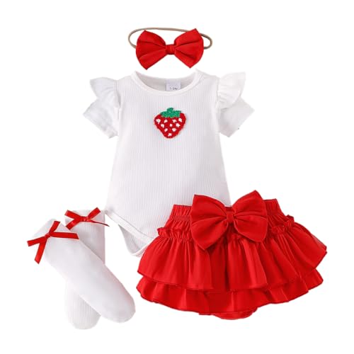 LUVCES Neugeborene Baby Mädchen Sommer Outfit Rüschen Kurzarm Strampler+ Bowknot Bloomers Tutu Rock Shorts+ Stirnband+ Socken Cute Kleidungsset Rote Erdbeere 6-9 Monate von LUVCES