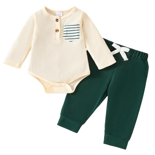 LUVCES Neugeborenen Baby Jungen Kleidung Gerippt Gestreift Langarm Strampler und Hosen Sets Herbst Winter Kleidung Outfits 2Pcs Aprikosen Farbblock 3-6 Monate von LUVCES