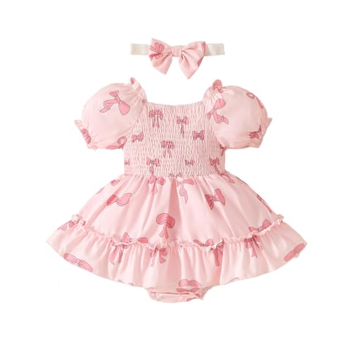 LUVCES Neugeborenen Mädchen Kleid Outfit Rüschen Kurzarm Gerippt Cute Bedrucktes Strampler Kleid mit Stirnband Sommer Kleidungsset 2pcs Rosa Schleife 3-6 Monate von LUVCES