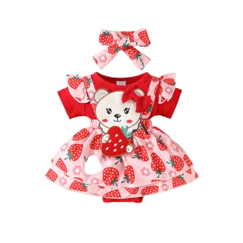 LUVCES Neugeborenen Mädchen Kleid Outfit Rüschen Kurzarm Gerippt Cute Bedrucktes Strampler Kleid mit Stirnband Sommer Kleidungsset 2pcs Roter Erdbeerbär 12-18 Monate von LUVCES
