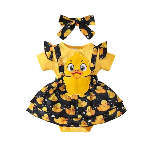 LUVCES Neugeborenen Mädchen Kleid Sommer Outfit Süßes Erdbeer-bedrucktes Kurzärmliges Prinzessinnenkleid Stirnband Kleidung Set 2pcs Kleine gelbe Ente 3-6 Monate von LUVCES