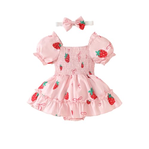 LUVCES Neugeborenen Mädchen Kleid Sommer Outfit Süßes Erdbeer-bedrucktes Kurzärmliges Prinzessinnenkleid Stirnband Kleidung Set 2pcs Rosa Erdbeere 12-18 Monate von LUVCES