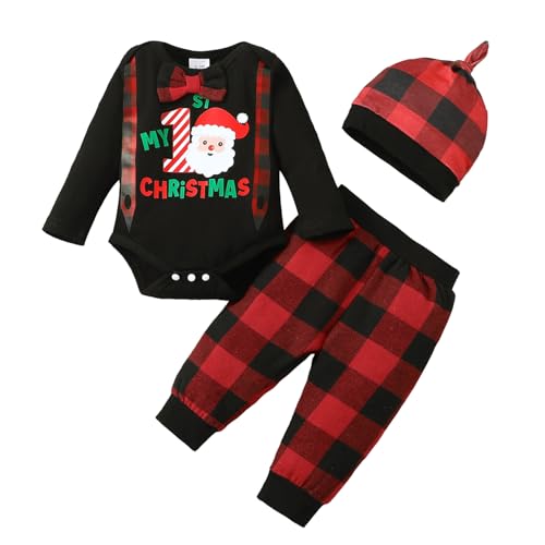 LUVCES Neugeborenes Baby Jungen Weihnachtsoutfit My First Christmas Gentleman-Strampler +Rote karierte Hose mit Mütze Weihnachts Kleidungssets Schwarz My 1st Weihnachten 12-18 Monate von LUVCES