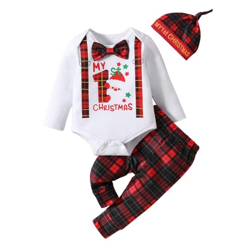 LUVCES Neugeborenes Baby Jungen Weihnachtsoutfit My First Christmas Gentleman-Strampler +Rote karierte Hose mit Mütze Weihnachts Kleidungssets Weiß My 1st Weihnachten 12-18 Monate von LUVCES