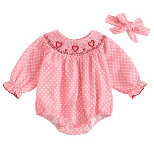 LUVCES Neugeborenes Baby Mädchen Bubble Strampler Stickerei Tupfen Puff Langarm Gesmokt Bodysuit Süße Säuglings Frühling Herbst Kleidung Rosa gepunktetes Herz 12-18 Monate von LUVCES