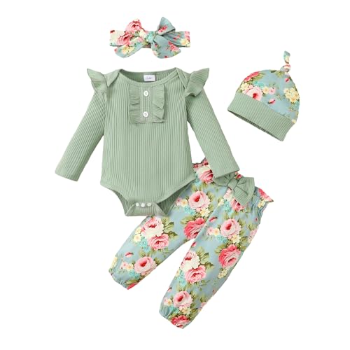 LUVCES Neugeborenes Baby Mädchen Kleidung Kleinkind gerippt Ruffle lange Ärmel Strampler+ Floral Hosen+ Stirnband Cute Fall Outfit Set 4Pcs Grün1 0-3 Monate von LUVCES