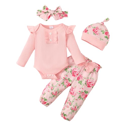 LUVCES Neugeborenes Baby Mädchen Kleidung Kleinkind gerippt Ruffle lange Ärmel Strampler+ Floral Hosen+ Stirnband Cute Fall Outfit Set 4Pcs Rosa1 3-6 Monate von LUVCES