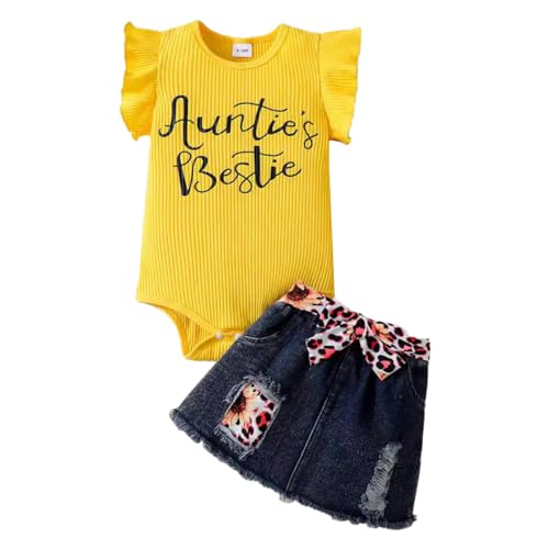 LUVCES Neugeborenes Baby Mädchen Kleidung Outfit Briefdruck Kurzärmliger Strampler Jeansrock Set Babykleidung für Kleinkinder 0–18 Monate Gelb Auntie's Bestie 12-18 Monate von LUVCES