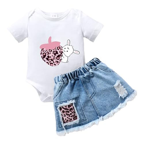 LUVCES Neugeborenes Baby Mädchen Kleidung Outfit Briefdruck Kurzärmliger Strampler Jeansrock Set Babykleidung für Kleinkinder 0–18 Monate Weißes Kaninchen 3-6 Monate von LUVCES