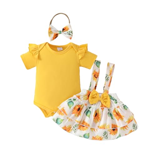 LUVCES Neugeborenes Baby Mädchen Röcke Sets Kurzarm Rüschen Top + Bedrucktes Overalls Hosenträger Kleid + Stirnband Sommer Kleidung Outfits Set Gelbe Sonnenblume 0-3 Monate von LUVCES