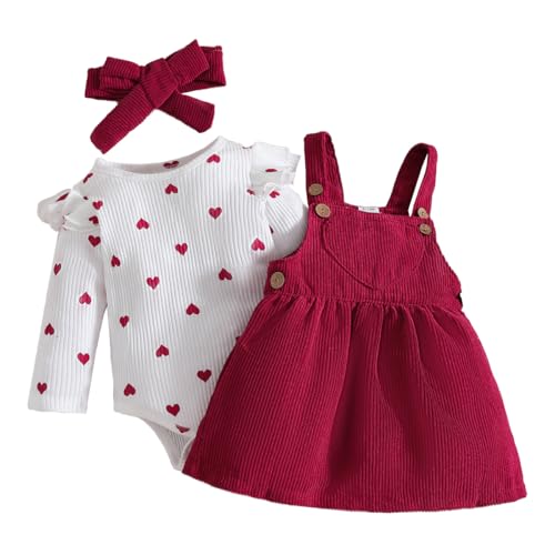 LUVCES Neugeborenes Baby Mädchen Röcke Sets Rotes Herz Rüschen Top + Knopf Overall Hosenträger Skirt + Stirnband Kleidung Outfits Set 3Pcs Rotes Liebesherz 6-12 Monate von LUVCES
